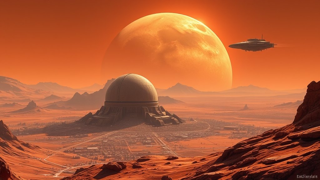 A futuristic illustration of a human settlement on Mars with a large dome covering the city, with a spaceship landing in the background.