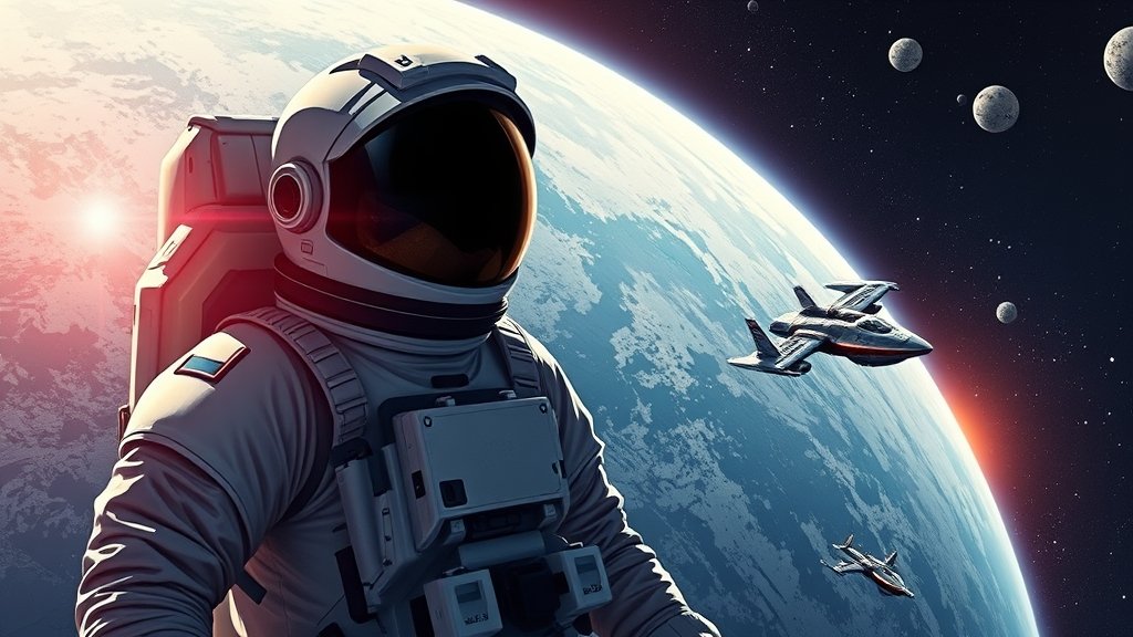 A dramatic illustration of an astronaut in space, with a planet in the background and a spaceship in the distance, symbolizing the theme of space survival films.