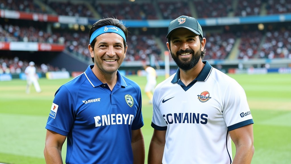 A photo of Ajinkya Rahane and Cameron Green in a cricket stadium, with a subtle background of a cricket match in progress