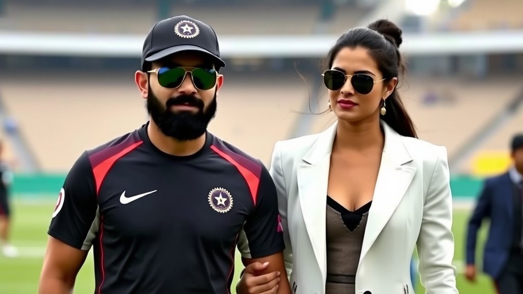A photo of Virat Kohli and Anushka Sharma walking together, with Virat in his cricket gear and Anushka in a stylish outfit, with a stadium or cricket field in the background.