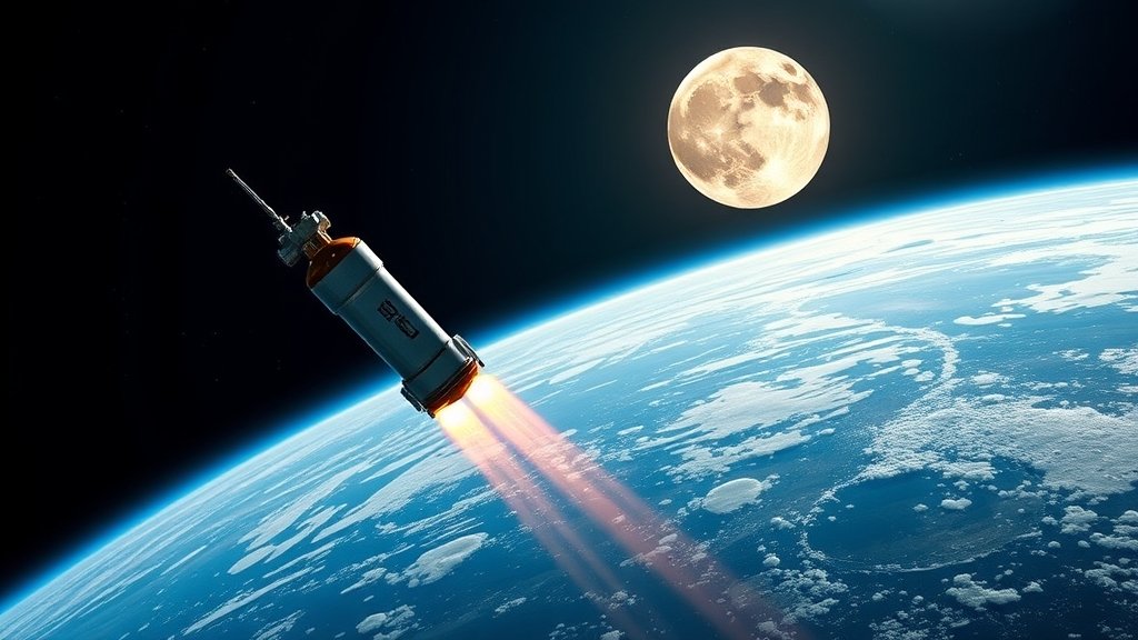 A dramatic illustration of the Artemis II spacecraft launching into space, with the Earth in the background and the Moon in the distance, highlighting the historic moment of the first woman flying around the Moon.
