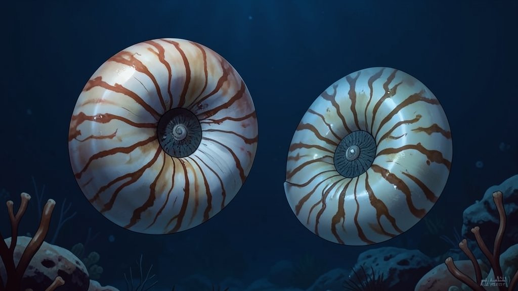 A detailed illustration of a Nautilus and an Allonautilus in their natural deep-sea habitat, with a dark blue background and soft lighting to highlight their unique shell structures.