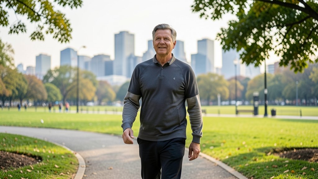 A middle-aged person walking in a park with a subtle background of a cityscape, conveying a sense of balance between urban life and healthy habits