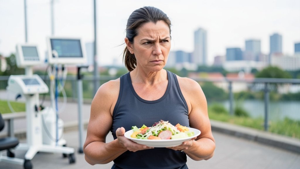 A woman in her 40s with a determined expression, holding a healthy meal and exercising outdoors, with a subtle background of medical equipment and a cityscape.