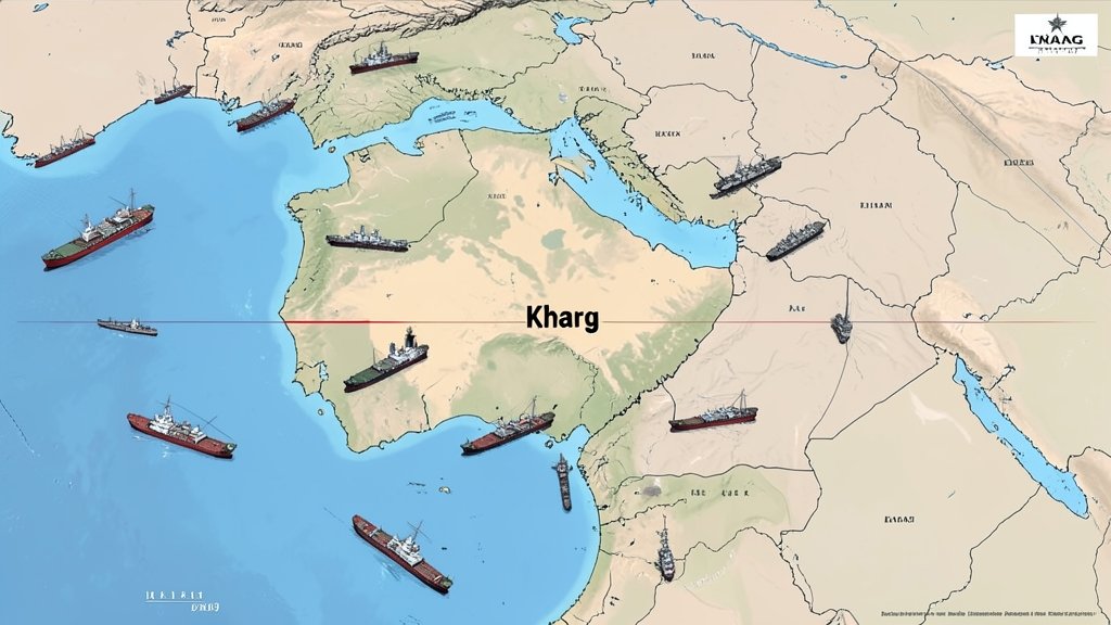 A map of the Middle East with Kharg Island highlighted, surrounded by oil tankers and military ships
