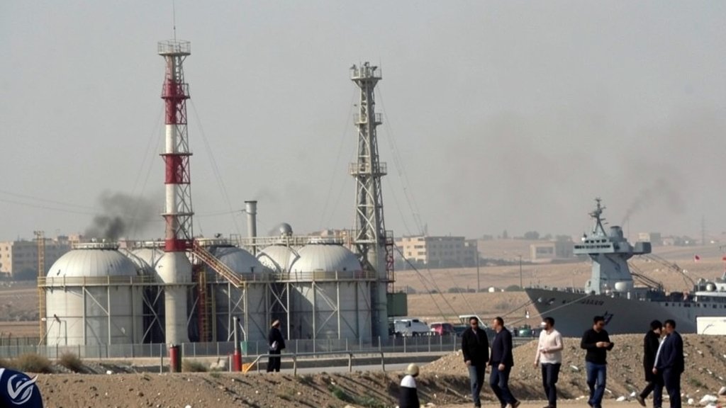 A photo of a desalination plant in Iran with a subtle hint of a potential threat or conflict in the background, such as a military ship or a protest.