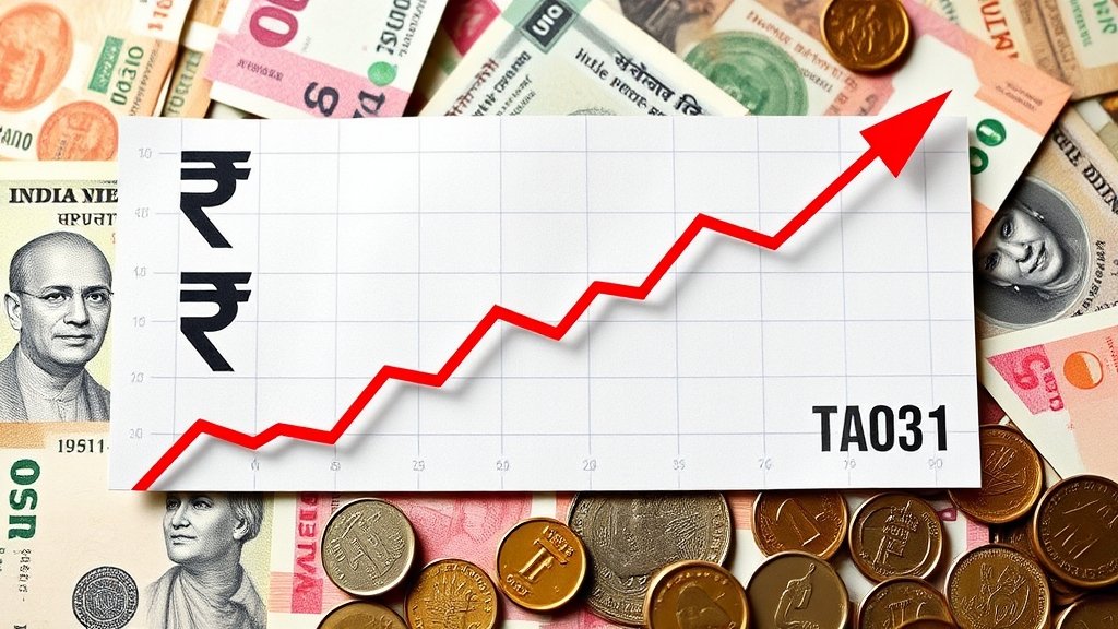 A graph showing the decline of the Indian rupee against the US dollar over the past year, with a background of Indian currency notes and coins.