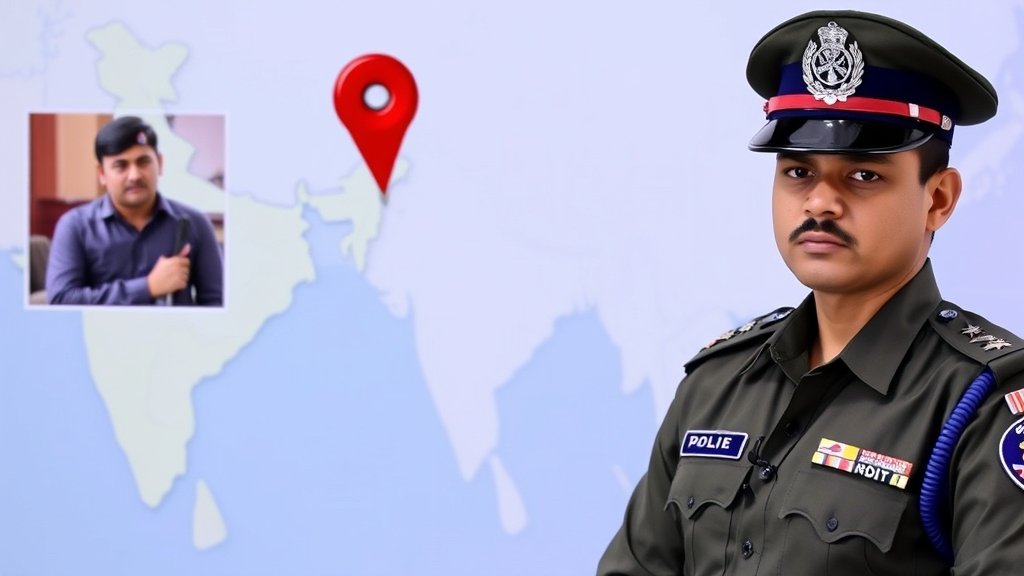 A photograph of a Delhi Police officer standing in front of a map of India with a red pin marking the location of a terrorist arrest, with a blurred image of a terrorist in the background.
