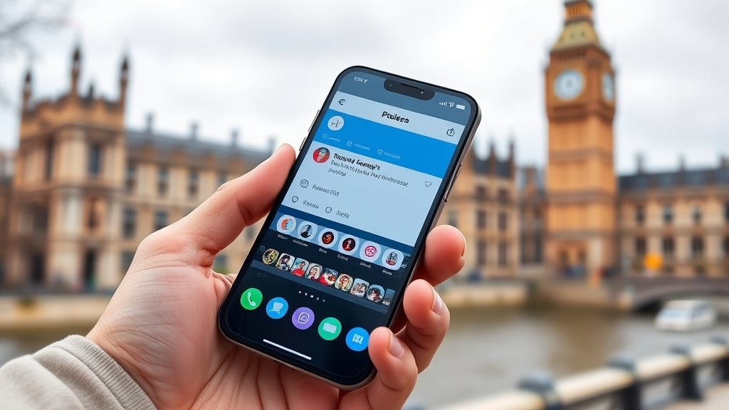 A picture of a person holding a smartphone with a social media app open, with a blurred background of government buildings or parliament.