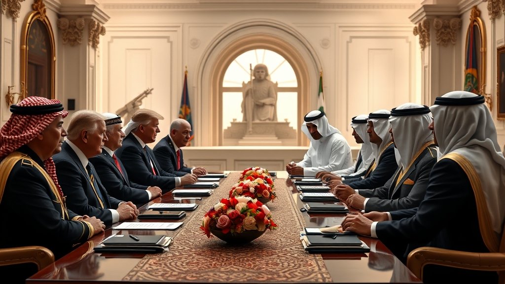 A photo of President Trump meeting with leaders of Gulf countries, with a background of Middle Eastern architecture and a subtle hint of military presence